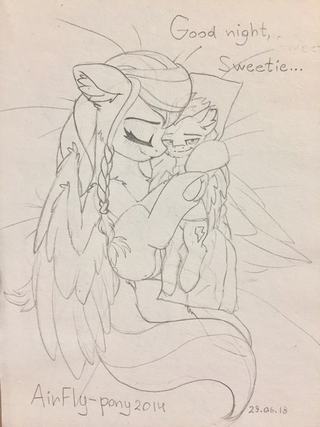 Size: 2448x3264 | Tagged: safe, artist:airfly-pony, derpibooru import, oc, oc:scarlett drop, oc:wing hurricane, unofficial characters only, pegasus, pony, bed, bedroom, body pillow, cute, cutie mark, eyes closed, female, hug, large wings, lineart, long tail, looking at you, male, monochrome, pigtails, rcf community, sad, scarricane, shipping, smiling, solo, traditional art, underhoof, wings