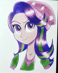 Size: 1638x2048 | Tagged: safe, artist:cameronkieffer, derpibooru import, starlight glimmer, equestria girls, beanie, bust, hat, light skin, portrait, smiling, solo, traditional art