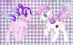 Size: 850x531 | Tagged: safe, artist:sayorilove, derpibooru import, starlight glimmer, sweetie belle, pony, unicorn, female, filly, filly starlight glimmer, looking at you, pigtails, plot, raised tail, tail, younger