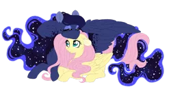 Size: 1024x585 | Tagged: safe, artist:azure-art-wave, derpibooru import, fluttershy, princess luna, pegasus, pony, cute, eyes closed, female, floppy ears, intertwined tails, lesbian, lunashy, missing horn, prone, shipping, shyabetes, simple background, smiling, snuggling, transparent background