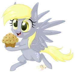 Size: 818x800 | Tagged: safe, artist:unisoleil, derpibooru import, derpy hooves, pegasus, pony, bipedal, chibi, female, food, mare, muffin, open mouth, signature, simple background, smiling, solo, transparent background