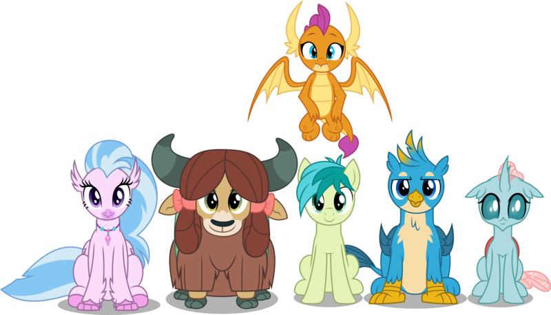 Size: 5238x3000 | Tagged: safe, artist:dashiesparkle, derpibooru import, gallus, ocellus, sandbar, silverstream, smolder, yona, changedling, changeling, classical hippogriff, dragon, earth pony, gryphon, hippogriff, pony, yak, non-compete clause, .svg available, absurd resolution, bow, cloven hooves, cute, diaocelles, diastreamies, dragoness, female, flying, gallabetes, hair bow, jewelry, looking at you, male, monkey swings, necklace, sandabetes, simple background, sitting, smolderbetes, student six, teenager, transparent background, vector, yonadorable