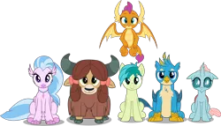 Size: 5238x3000 | Tagged: safe, artist:dashiesparkle, derpibooru import, gallus, ocellus, sandbar, silverstream, smolder, yona, changedling, changeling, classical hippogriff, dragon, earth pony, gryphon, hippogriff, pony, yak, non-compete clause, .svg available, absurd resolution, bow, cloven hooves, cute, diaocelles, diastreamies, dragoness, female, flying, gallabetes, hair bow, jewelry, looking at you, male, monkey swings, necklace, sandabetes, simple background, sitting, smolderbetes, student six, teenager, transparent background, vector, yonadorable