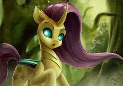 Size: 4000x2800 | Tagged: artist:foughtdragon01, changedling, changedlingified, changeling, changelingified, derpibooru import, female, flutterling, fluttershy, forest, looking at you, race swap, raised hoof, safe, solo, species swap, tree