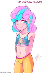 Size: 541x825 | Tagged: adorasexy, artist:dragk, belly button, breasts, cute, delicious flat chest, derpibooru import, edit, editor:jamalleymall, elsa, female, flurrybetes, frozen (movie), human, humanized, jailbait, midriff, princess flurry heart, safe, sexy, signature, simple background, smiling, solo, white background