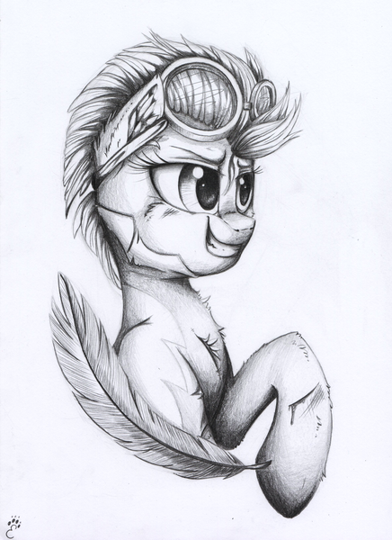 Size: 2373x3265 | Tagged: safe, artist:yellowrobin, derpibooru import, lightning dust, pegasus, pony, black and white, clothes, ear fluff, feather, goggles, grayscale, injured, monochrome, raised hoof, smiling, smirk, traditional art, uniform, wonderbolts, wonderbolts uniform