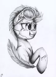 Size: 2373x3265 | Tagged: safe, artist:yellowrobin, derpibooru import, lightning dust, pegasus, pony, black and white, clothes, ear fluff, feather, goggles, grayscale, injured, monochrome, raised hoof, smiling, smirk, traditional art, uniform, wonderbolts, wonderbolts uniform