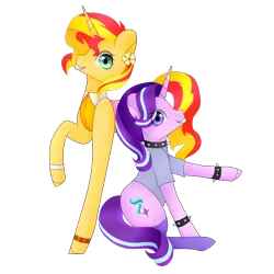 Size: 1500x1500 | Tagged: safe, artist:princess-of-the-nigh, derpibooru import, starlight glimmer, sunset shimmer, pony, unicorn, ami onuki, backwards cutie mark, bracelet, clothes, collar, cosplay, costume, crossover, dress, duo, female, flower, flower in hair, hi hi puffy ami yumi, jewelry, mare, simple background, socks, spiked collar, spiked wristband, stockings, thigh highs, transparent background, unshorn fetlocks, wristband, yumi yoshimura