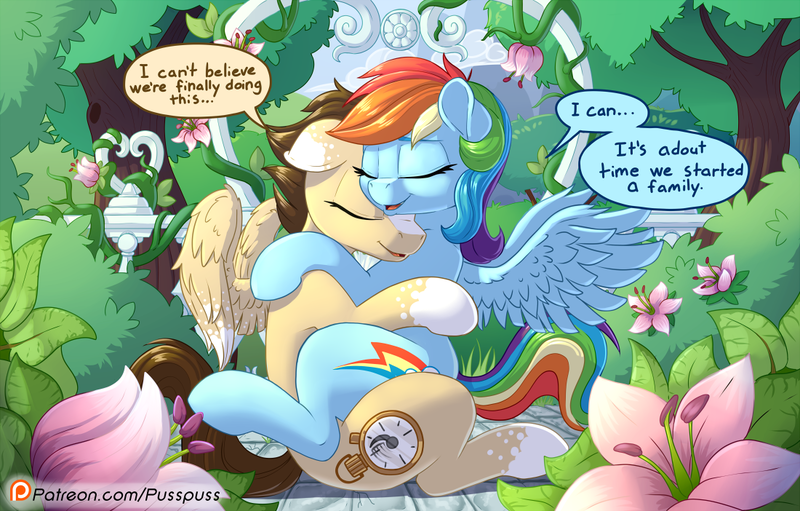 Size: 1100x702 | Tagged: suggestive, artist:pusspuss, derpibooru import, rainbow dash, oc, oc:skittle, pegasus, pony, blaze (coat marking), canon x oc, cuddling, cute, dialogue, eyes closed, female, floppy ears, flower, hug, implied penetration, implied sex, male, mare, nature, nuzzling, open mouth, patreon, patreon logo, scenery, shipping, skidash, smiling, spread wings, stallion, straight, tree, vine, wingboner, wings