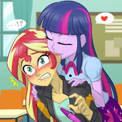 Size: 1000x1000 | Tagged: suggestive, artist:ta-na, derpibooru import, sunset shimmer, twilight sparkle, equestria girls, ..., awkward, biting, blushing, canterlot high, clenched teeth, ear bite, exclamation point, female, humans doing horse things, interrobang, lesbian, nom, pictogram, question mark, school, shipping, sunsetsparkle