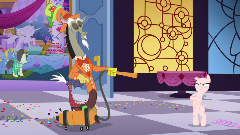 Size: 1920x1080 | Tagged: safe, derpibooru import, edit, edited screencap, editor:slayerbvc, screencap, applejack, discord, fine line, maxie, perfect pace, draconequus, earth pony, pony, make new friends but keep discord, accessory theft, angry, applejack is not amused, assisted exposure, bald, bipedal, blushing, clothed male nude female, clothing theft, covering, embarrassed, embarrassed nude exposure, exhibitionism, female, freckles, furless, furless edit, glare, grand galloping gala, hat, humiliation, mare, naked rarity, nude edit, nudity, public nudity, shaved, shaved tail, top hat, unamused, vacuum cleaner, we don't normally wear clothes