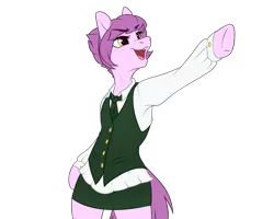 Size: 4000x3200 | Tagged: safe, artist:honiibree, derpibooru import, oc, oc:sweet doots, earth pony, semi-anthro, blouse, clothes, commission, dress shirt, female, lawyer, looking sideways, miniskirt, necktie, objection, open mouth, simple background, skirt, solo, thighs, transparent background, vest