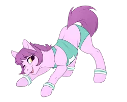 Size: 1280x1024 | Tagged: safe, artist:honiibree, derpibooru import, oc, oc:sweet doots, earth pony, pony, clothes, looking at you, one eye closed, outfit, runner, simple background, smiling, solo, sports, sports bra, sports shorts, stretching, sweatband, tight clothing, transparent background, workout