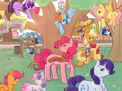 Size: 2560x1920 | Tagged: source needed, safe, artist:pesty_skillengton, derpibooru import, apple bloom, applejack, bon bon, derpy hooves, fluttershy, lyra heartstrings, octavia melody, pinkie pie, rainbow dash, rarity, scootaloo, sweetie belle, sweetie drops, twilight sparkle, twilight sparkle (alicorn), vinyl scratch, alicorn, bird, earth pony, pegasus, pony, unicorn, adorabon, background pony, bench, bird nest, book, clothes, cowboy hat, cute, eyes closed, female, filly, flying, foal, glasses, hat, lyrabetes, mare, one hoof raised, open mouth, ponies sitting next to each other, scarf, sitting, sleeping, smiling, standing, tavibetes, tongue out, trash can, tree, vinylbetes, wall of tags