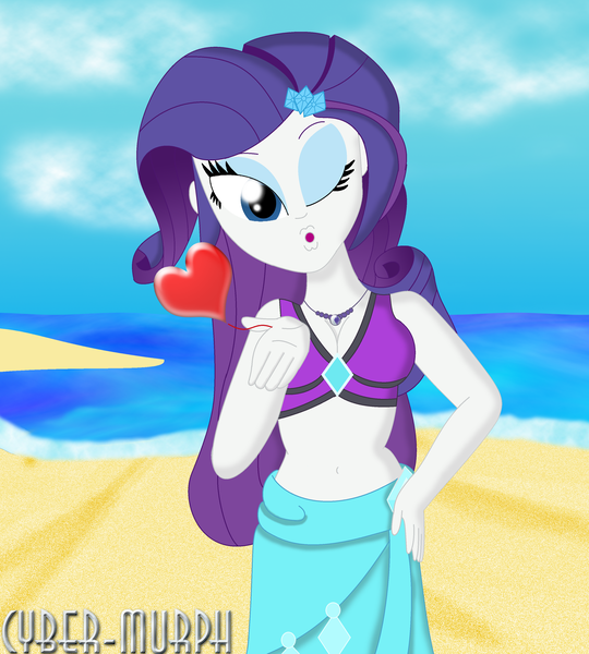 Size: 2576x2864 | Tagged: safe, artist:cyber-murph, derpibooru import, rarity, equestria girls, equestria girls series, beach, belly button, bikini, blowing a kiss, breasts, cleavage, clothes, female, hand on hip, heart, jewelry, midriff, necklace, ocean, one eye closed, sarong, signature, solo, swimsuit, wink