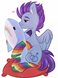 Size: 810x1080 | Tagged: safe, artist:pesty_skillengton, derpibooru import, oc, oc:gaysi, unofficial characters only, pegasus, pony, shark, clothes, cuddling, male, pillow, plushie, rainbow socks, shark plushie, simple background, socks, solo, stallion, striped socks, white background