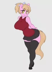 Size: 1950x2700 | Tagged: safe, artist:skecchiart, derpibooru import, oc, oc:reppy, unofficial characters only, anthro, earth pony, anthro oc, bow, clothes, condom, cute, female, high heels, looking at you, miniskirt, moe, no source available, ocbetes, pleated skirt, ponytail, shoes, skirt, socks, solo, thigh highs, thighs, zettai ryouiki