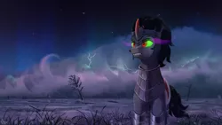 Size: 1920x1080 | Tagged: safe, artist:quvr, derpibooru import, king sombra, pony, unicorn, armor, aurora borealis, curved horn, lightning, male, snow, solo, sombra eyes