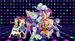 Size: 2048x1128 | Tagged: safe, artist:superbobiann, derpibooru import, editor:superbobiann, applejack, fluttershy, lemon zest, pinkie pie, rainbow dash, rarity, sci-twi, sour sweet, sugarcoat, sunny flare, sunset shimmer, twilight sparkle, dance magic, equestria girls, spoiler:eqg specials, humane five, humane seven, humane six, wallpaper