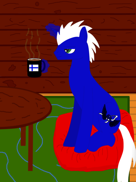 Size: 3096x4128 | Tagged: safe, artist:nobody number 2, derpibooru import, oc, oc:regal thunder, unicorn, carpet, coffee, coffee mug, cutie mark, eyestrain warning, finland, flag, magic, male, mug, needs more saturation, pillow, table, wooden walls, zodiac sign