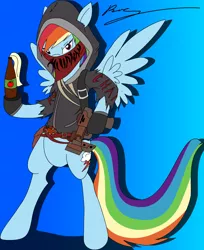 Size: 980x1203 | Tagged: safe, artist:omegathedragon, derpibooru import, rainbow dash, pegasus, pony, semi-anthro, bandana, brink, clothes, crossover, female, gradient background, gun, hoodie, mare, molotov cocktail, solo, weapon