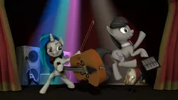 Size: 3840x2160 | Tagged: safe, artist:charlydasher, derpibooru import, octavia melody, vinyl scratch, earth pony, pony, unicorn, 3d, bow, bow (instrument), bowtie, cello, cello bow, competition, easel, electric guitar, eyes on the prize, female, gritted teeth, guitar, lesbian, literal butthurt, mare, musical instrument, not amused face, octavia is not amused, pain, parody, plot, rear, scratchtavia, shipping, smack, smack dat ass, source filmmaker, spotlight, stage, surprised, this is going to hurt, this will end in pain, unamused