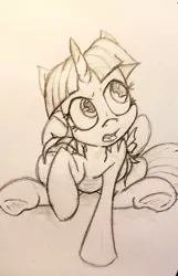 Size: 980x1519 | Tagged: safe, artist:artponymdp, derpibooru import, twilight sparkle, twilight sparkle (alicorn), alicorn, pony, cute, female, loose hair, mare, monochrome, raised hoof, sitting, sketch, solo, traditional art, underhoof