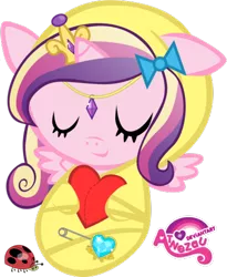 Size: 401x490 | Tagged: safe, derpibooru import, princess cadance, alicorn, ladybug, pony, baby, baby blanket, baby pony, bow, crown, hair bow, happy baby, heart, jewelry, newborn, regalia, safety pin, simple background, sleeping, small wings, smiling, solo, spread wings, swaddled, transparent background, wings, wrapped snugly