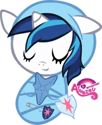 Size: 398x490 | Tagged: safe, derpibooru import, shining armor, pony, baby, baby blanket, baby pony, babying armor, badge, happy baby, newborn, plushie, safety pin, shield, simple background, sleeping, smiling, solo, swaddled, transparent background, wrapped snugly