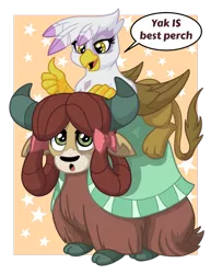 Size: 989x1280 | Tagged: safe, artist:latecustomer, derpibooru import, gilda, yona, gryphon, yak, bow, cloven hooves, commission, cute, duo, female, gildadorable, hair bow, monkey swings, perch, simple background, speech, speech bubble, thumbs up, transparent background, yonadorable