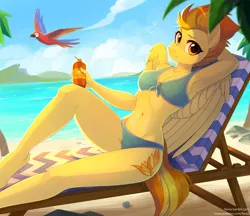 Size: 2922x2524 | Tagged: adorasexy, anthro, armpits, artist:fensu-san, beach, bikini, bird, breasts, cleavage, clothes, cute, cutefire, derpibooru import, digital art, female, high res, looking at you, macaw, mare, palm tree, parrot, pegasus, raised eyebrow, safe, sexy, solo, spitfire, stupid sexy spitfire, swimsuit, tree, unguligrade anthro