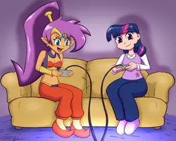 Size: 1000x800 | Tagged: artist:empyu, bra, clothes, controller, couch, crossover, derpibooru import, digital art, duo, female, genie, human, humanized, pants, playing, request, requested art, safe, shantae, shantae (character), shoes, signature, sitting, twilight sparkle, underwear