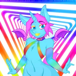 Size: 4000x4000 | Tagged: suggestive, artist:lil miss jay, artist:wumbl3, derpibooru import, oc, oc:chroma wave, alicorn, anthro, bat pony, bat pony alicorn, alicorn oc, arm warmers, bat pony oc, belly button, chest fluff, clothes, collaboration, collar, ear fluff, eyeshadow, femboy, fishnets, floating wings, gloves, lip bite, lip piercing, lipstick, looking at you, makeup, male, piercing, raised eyebrow, short tail, solo, solo male