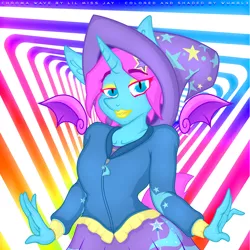 Size: 4000x4000 | Tagged: safe, artist:lil miss jay, artist:wumbl3, derpibooru import, oc, oc:chroma wave, alicorn, anthro, bat pony, bat pony alicorn, alicorn oc, arm warmers, bat pony oc, clothes, collaboration, crossdressing, crossplay, ear fluff, eyeshadow, femboy, floating wings, hat, lip bite, lip piercing, lipstick, looking at you, makeup, male, piercing, raised eyebrow, short tail, solo, trixie's hat