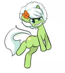 Size: 982x1107 | Tagged: safe, artist:moronsonofboron, derpibooru import, oc, oc:sunny nebels, unofficial characters only, earth pony, pony, female, flower, flower in hair, looking at you, mare, simple background, smiling, solo, standing, standing on one leg