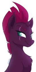 Size: 1024x2034 | Tagged: safe, artist:stepandy, derpibooru import, tempest shadow, pony, unicorn, my little pony: the movie, broken horn, bust, chest fluff, eye scar, female, mare, portrait, scar, simple background, smiling, solo, transparent background, when she smiles