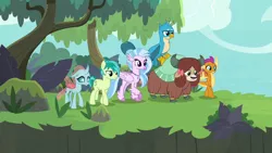 Size: 1280x720 | Tagged: safe, derpibooru import, screencap, gallus, ocellus, sandbar, silverstream, smolder, yona, changedling, changeling, classical hippogriff, dragon, earth pony, gryphon, hippogriff, pony, yak, non-compete clause, cloven hooves, dragoness, female, flying, male, monkey swings, student six, teenager