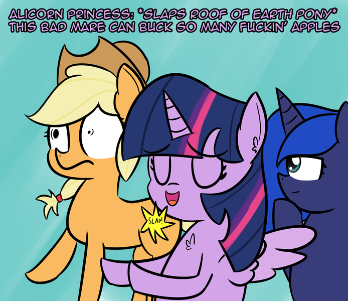 Size: 1773x1532 | Tagged: alicorn, applejack, applejack is a spankaholic, artist:artiks, car salesman, derpibooru import, meme, ponified meme, princess luna, safe, slap, slaps roof of car meme, spanking, twilight sparkle, twilight sparkle (alicorn), vulgar