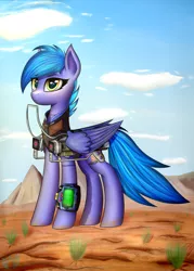 Size: 2500x3500 | Tagged: safe, artist:xeniusfms, derpibooru import, oc, oc:star beacon, pegasus, pony, fallout equestria, battle saddle, clothes, energy weapon, female, gun, hooves, laser rifle, magical energy weapon, mare, pipbuck, rifle, solo, wasteland, weapon, wings