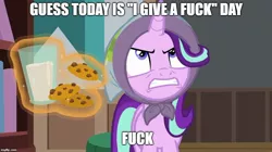 Size: 888x499 | Tagged: safe, derpibooru import, edit, edited screencap, screencap, starlight glimmer, pony, unicorn, the parent map, cookie, food, glowing horn, headscarf, magic, scarf, telekinesis, vulgar