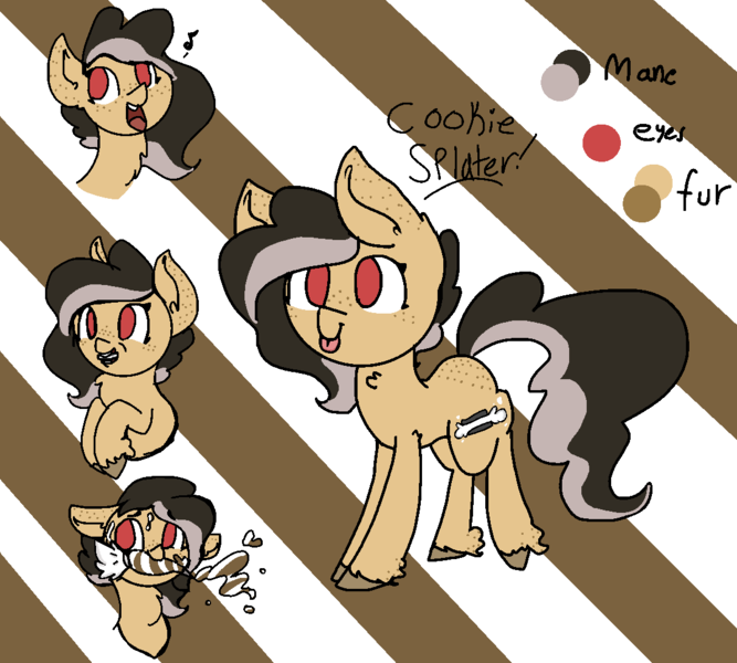 Size: 1142x1028 | Tagged: safe, artist:nootaz, derpibooru import, oc, oc:cookie splatter, unofficial characters only, earth pony, pony, abstract background, freckles, mouth hold, music notes, reference sheet, unshorn fetlocks