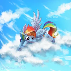 Size: 1024x1024 | Tagged: safe, artist:stepandy, derpibooru import, rainbow dash, pegasus, pony, cloud, cute, dashabetes, feathered fetlocks, female, looking down, mare, patreon, patreon logo, prone, sky, smiling, solo, unshorn fetlocks