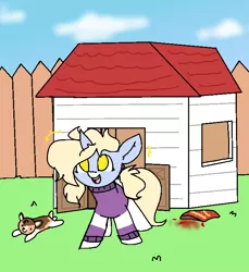 Size: 650x710 | Tagged: safe, artist:nootaz, derpibooru import, oc, oc:nootaz, corgi, dog, pony, unicorn, backyard, cheetos, clothes, female, filly, house, sweater