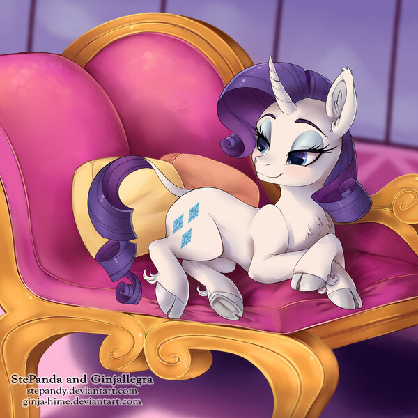 Size: 1024x1024 | Tagged: safe, artist:ginjallegra, artist:stepandy, derpibooru import, rarity, classical unicorn, pony, unicorn, beautiful, chest fluff, cloven hooves, collaboration, curved horn, cute, fainting couch, female, leonine tail, lidded eyes, mare, raribetes, solo, unshorn fetlocks