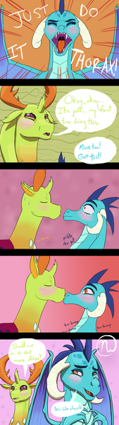 Size: 800x2840 | Tagged: safe, artist:azurllinate, derpibooru import, princess ember, thorax, changedling, changeling, dragon, arm behind head, blushing, blushing profusely, changeling x dragon, comic, cute, dragoness, embrax, female, interspecies, king thorax, kissing, male, orange eyes, romantic, shipping, straight