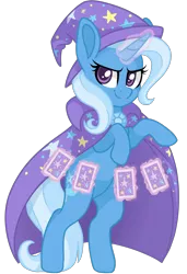 Size: 2048x3000 | Tagged: safe, artist:cinnamontee, derpibooru import, trixie, pony, unicorn, cape, card, clothes, female, hat, looking at you, magic, mare, simple background, solo, telekinesis, transparent background, trixie's cape, trixie's hat, vector