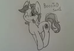 Size: 2232x1536 | Tagged: safe, artist:chromchill12, derpibooru import, oc, oc:boosted snail, unofficial characters only, pony, male, monochrome, one eye closed, pencil drawing, pronking, simple background, solo, tongue out, traditional art