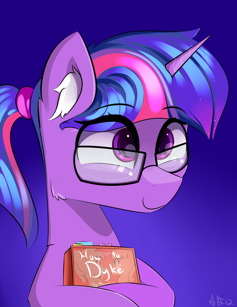 Size: 2975x3850 | Tagged: safe, artist:a8f12, derpibooru import, bon bon, lyra heartstrings, sweetie drops, twilight sparkle, alternate hairstyle, book, d slur, female, glasses, lesbian, lyrabon, mare, nerd, ponytail, shipping, slur, solo, vulgar