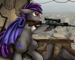 Size: 3030x2400 | Tagged: safe, artist:pridark, derpibooru import, oc, unofficial characters only, bat pony, pony, anti-materiel rifle, bandage, bat pony oc, bat wings, commission, cutie mark, female, gun, hooves, mare, optical sight, red eyes, rifle, sniper, sniper rifle, solo, wasteland, weapon, wings