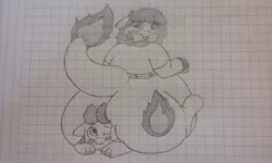 Size: 2560x1536 | Tagged: suggestive, artist:chromchill12, derpibooru import, oc, oc:flamespitter, oc:icy, unofficial characters only, hybrid, belly, big belly, bracelet, clothes, crushing, duo, fat, female, graph paper, huge butt, jewelry, large butt, monochrome, one eye closed, pencil drawing, plot, prone, raised tail, rear view, shirt, sitting, sitting on person, tail, tongue out, traditional art, ych result